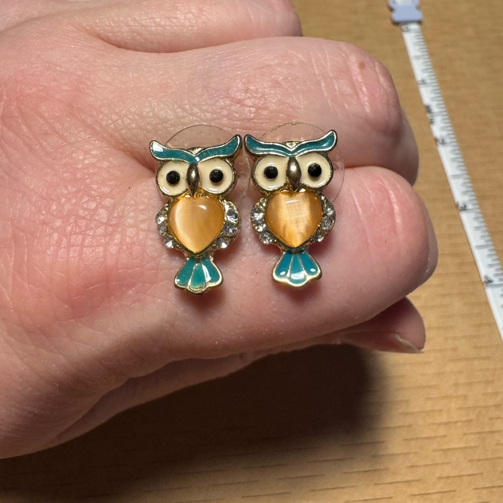 Gold and Blue Owl Earrings
